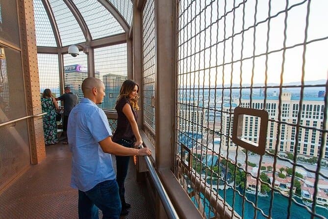 Eiffel Tower Viewing Deck in Las Vegas — A half-scale replica of the Paris Eiffel Tower at the Paris resort — 460 feet up, with a 360-degree view of the central Strip