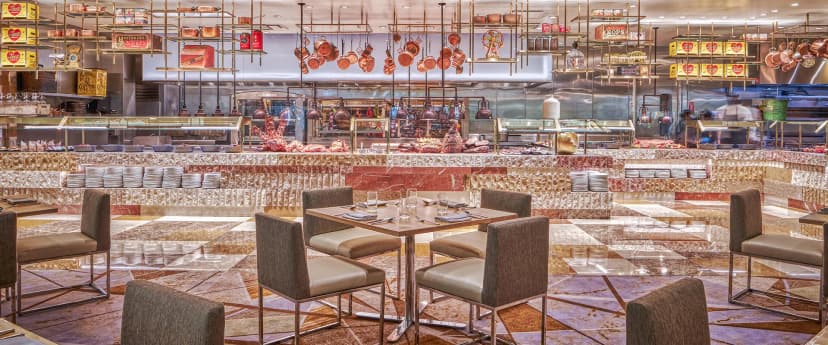 Bacchanal Buffet in Las Vegas — Caesars Palace's 600-seat buffet — nine open kitchens, 500+ rotating dishes, and Vegas's highest-ranked buffet since opening in 2012
