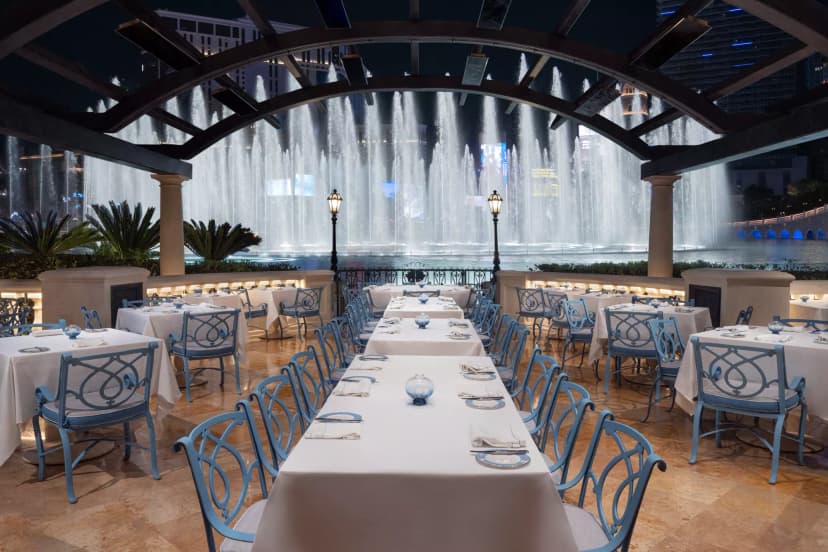 Prime Steakhouse in Las Vegas — Jean-Georges Vongerichten's Bellagio steakhouse — lake-view patio, 1940s-inspired dining room, and chocolate-glazed short rib