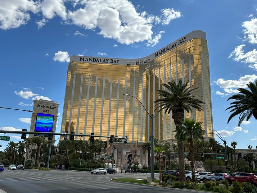 Mandalay Bay in Las Vegas — The 1999 south-Strip megaresort with a tropical pool complex, Shark Reef aquarium, and the 43-story all-suite Delano tower